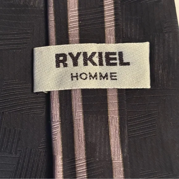 SONIA RYKIEL HOMME Black Tan Striped Silk Tie Gold Crest Emblem luxury designer
